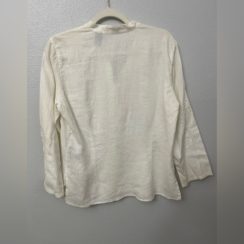 Liz Claiborne Linen Button Down Embroidered Cream Blouse Size M - Picture 4 of 11